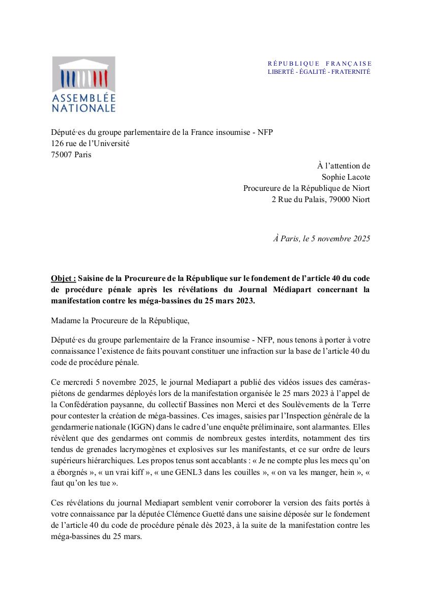 Violences à Sainte Soline: René Pilato saisi la procureure de la République.