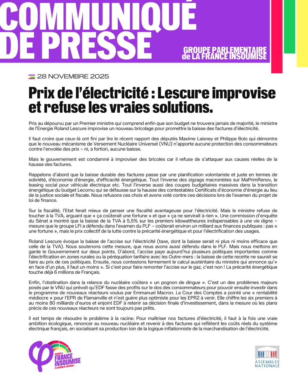 Prix de l&rsquo;électricité: Lescure improvise et refuse les vraies solutions.