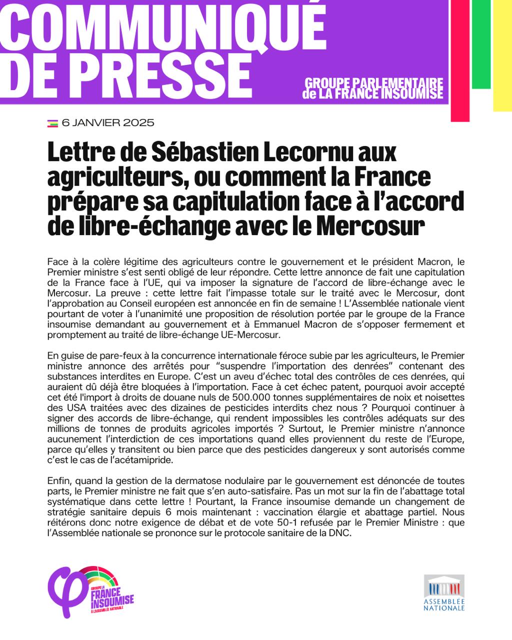 Lettre de Sébastien Lecornu aux agriculteurs: notre communiqué de presse.