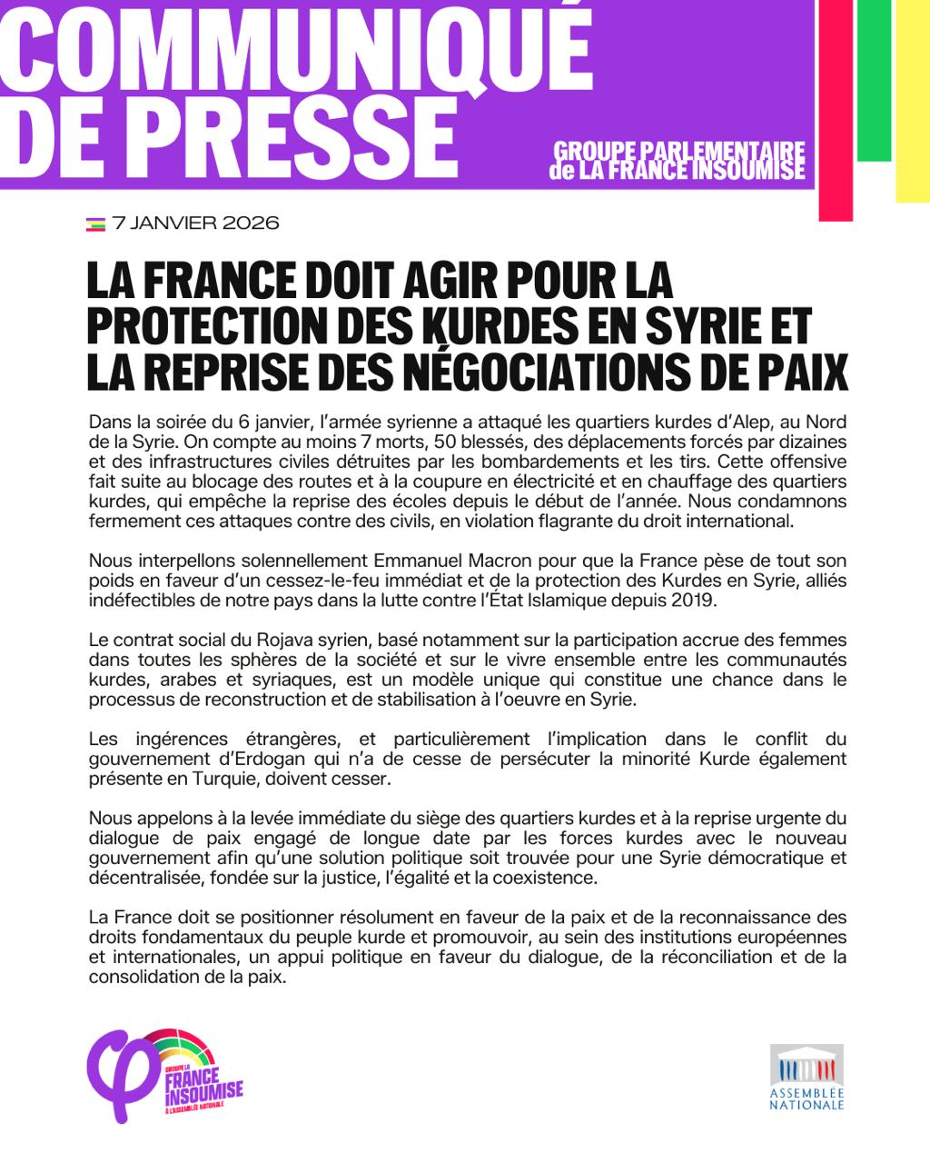 La France doit agir pour la protection des Kurdes en Syrie et la reprise des négociations de paix