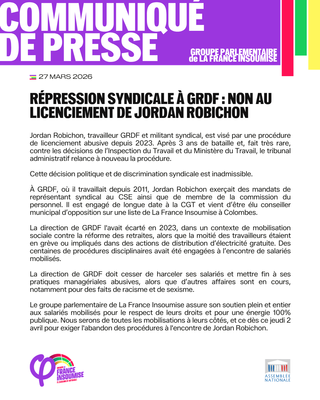Répression syndicale à GRDF: non au licenciement de Jordan Robichon