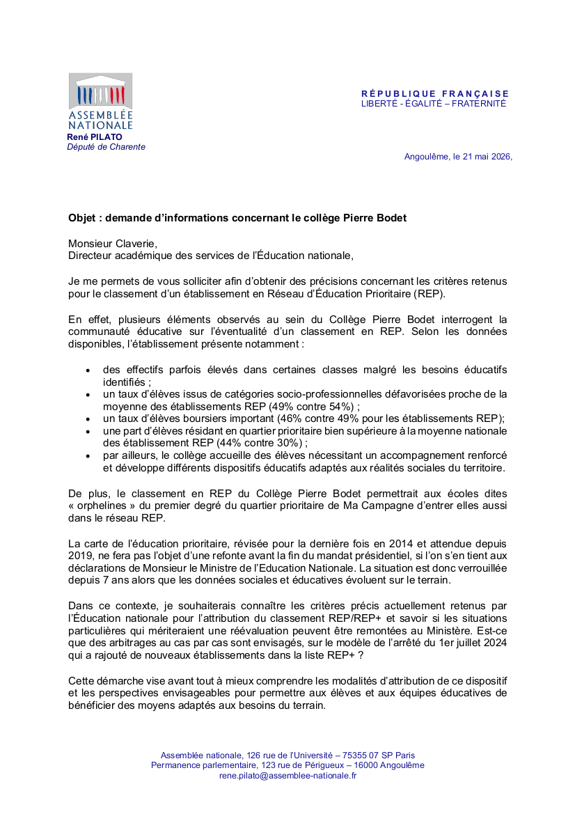 Demande d&rsquo;information concernant le collège Pierre Bodet