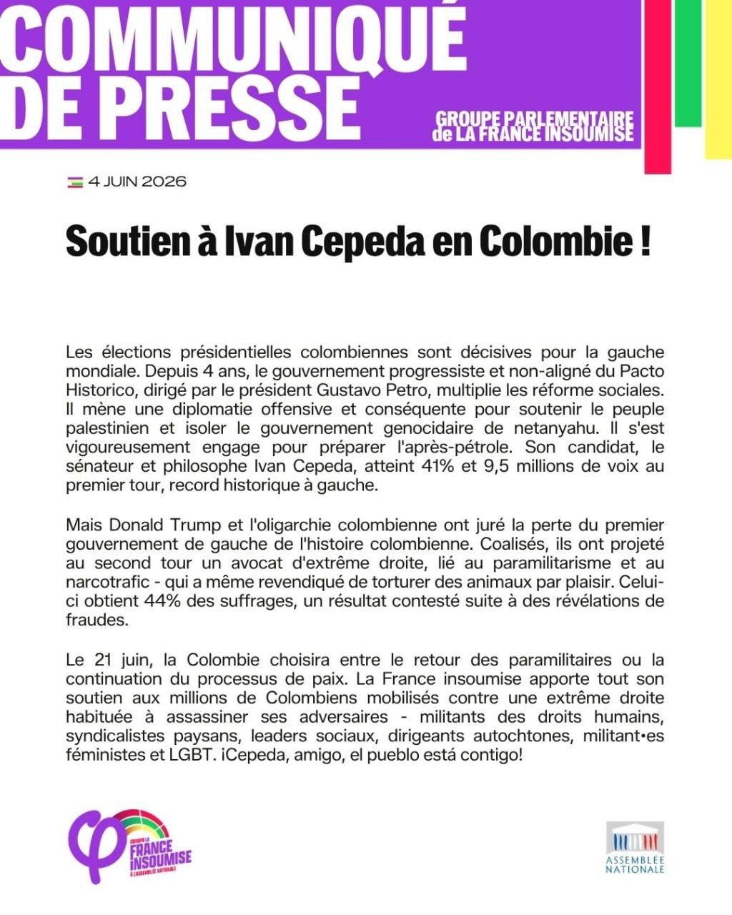 Soutien à Ivan Cepeda en Colombie!