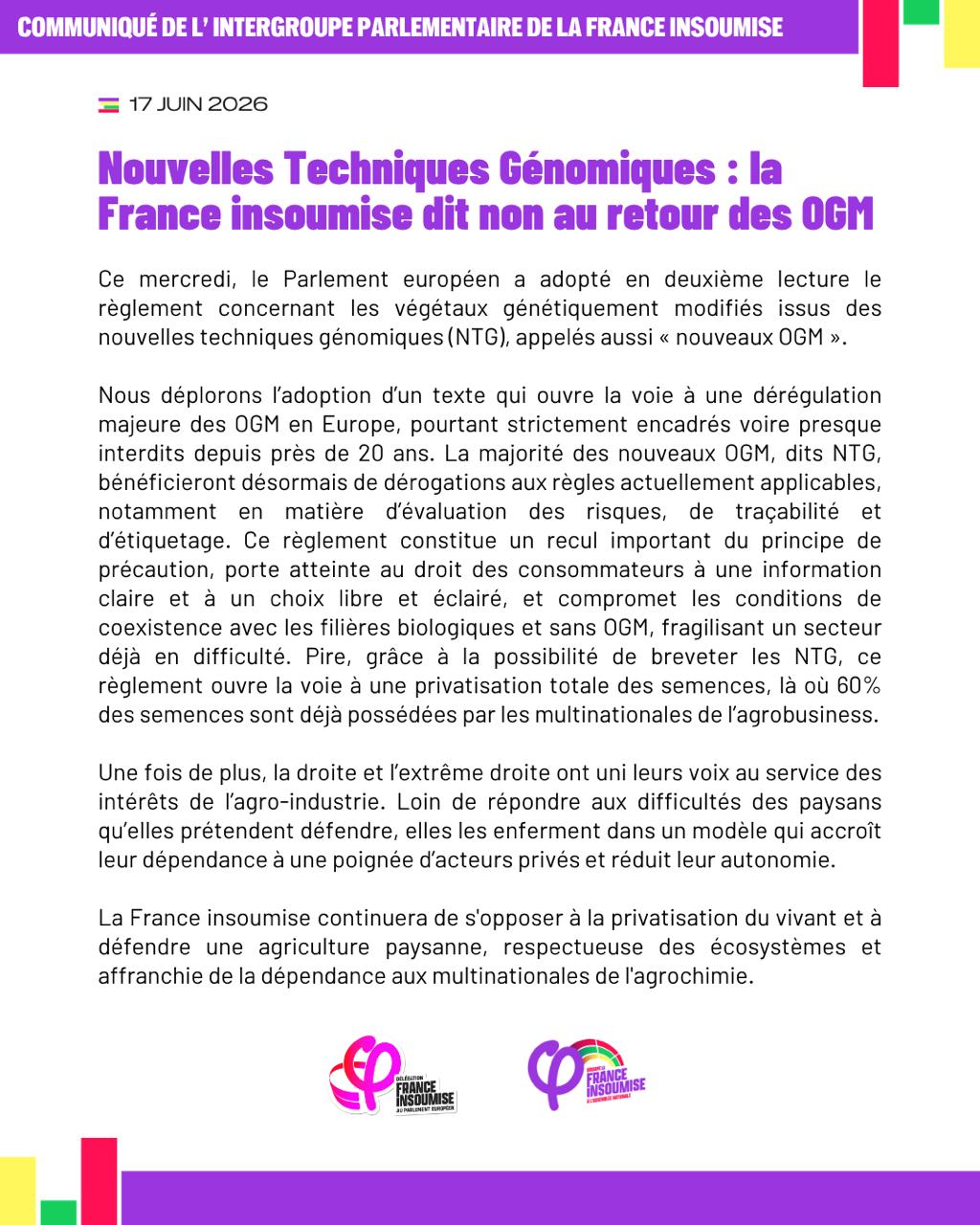Nouvelles Techniques Génomiques: non au retour des OGM