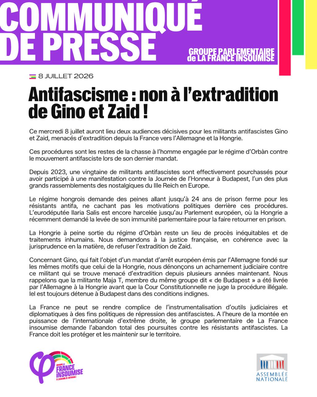 Antifascisme : non à l’extradition de Gino et Zaid !