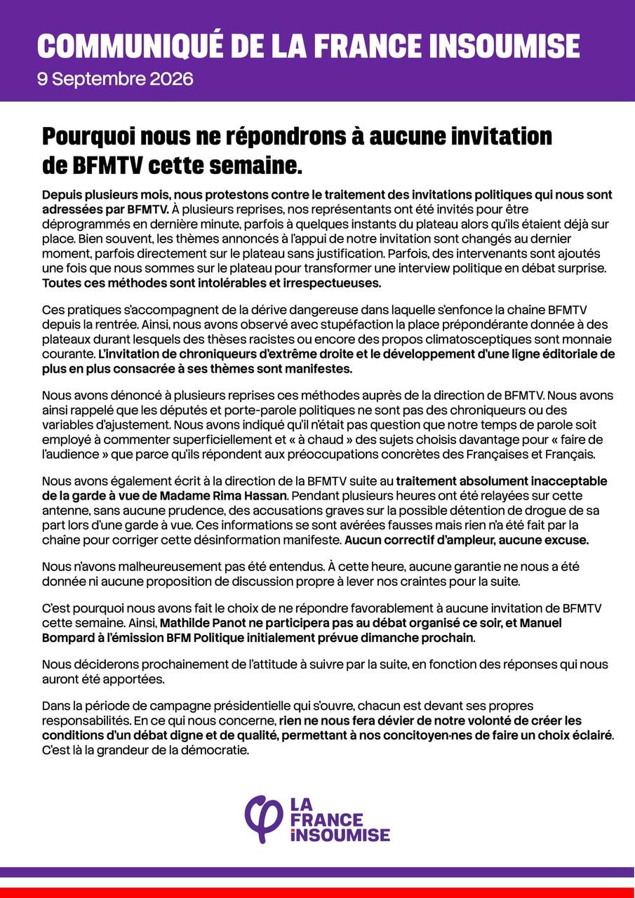 Pourquoi nous ne répondrons à aucune invitation de BFMTV cette semaine