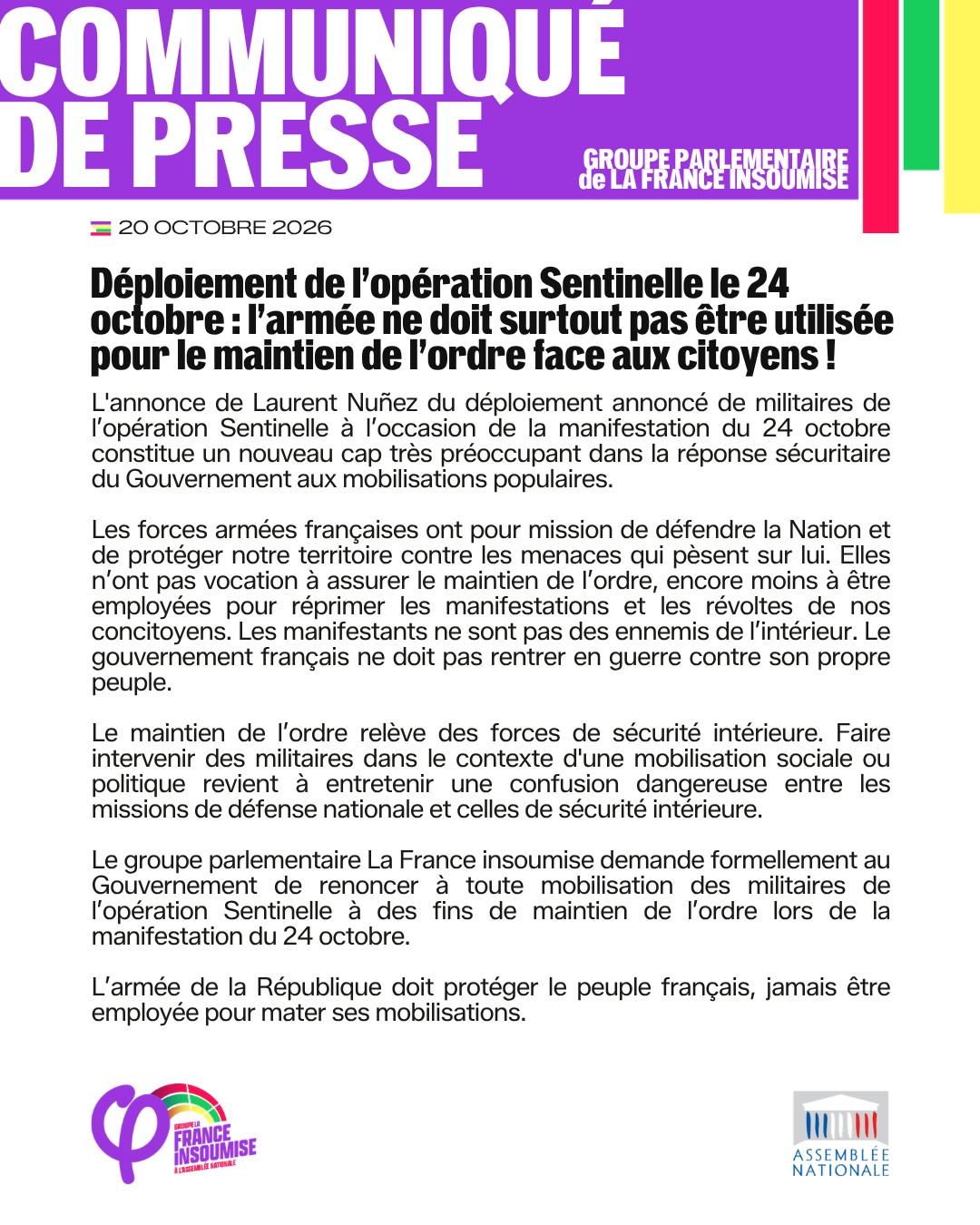 Opération sentinelle le 24 octobre: l&rsquo;armée ne doit pas être utilisée face aux citoyens